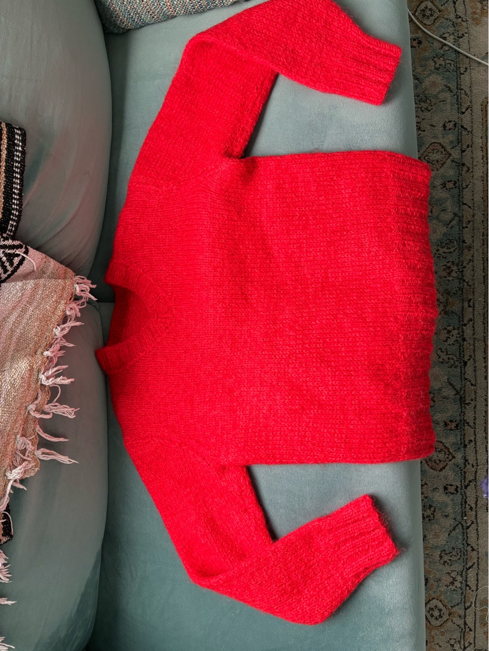 Handmade Knit Knitted Red V-Neck Wool Mohair Blend Sweater - Picture 3 of 3